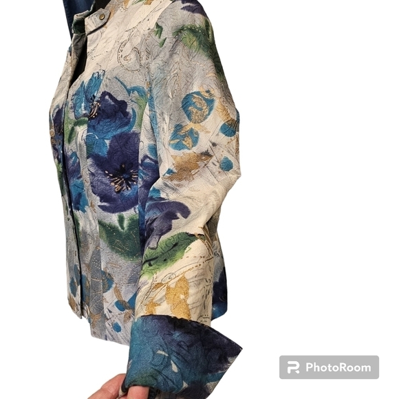 Coldwater Creek Watercolor Paint Floral Snap Up 100% Cotton Shell Jacket Size 14 - Picture 4 of 10